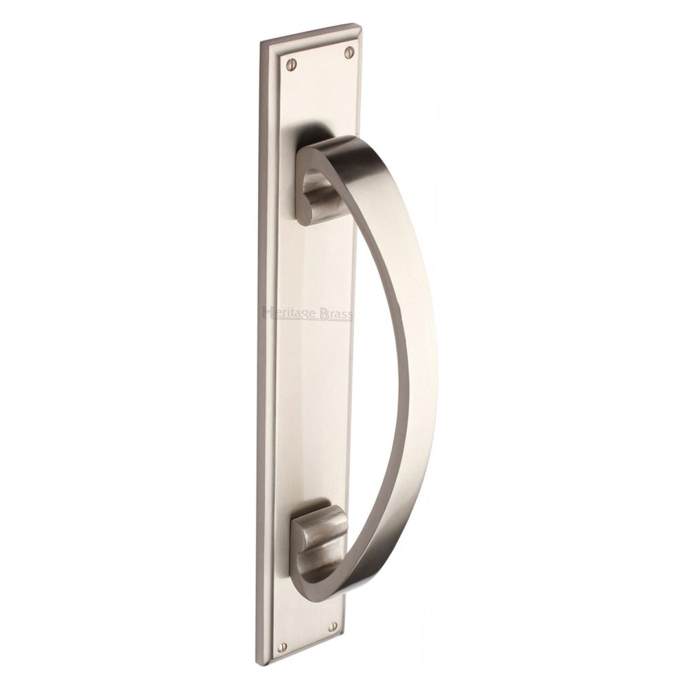 This is an image of a Heritage Brass - Door Pull Handle on Plate Satin Nickel Finish, v1162-sn that is available to order from T.H Wiggans Ironmongery in Kendal.
