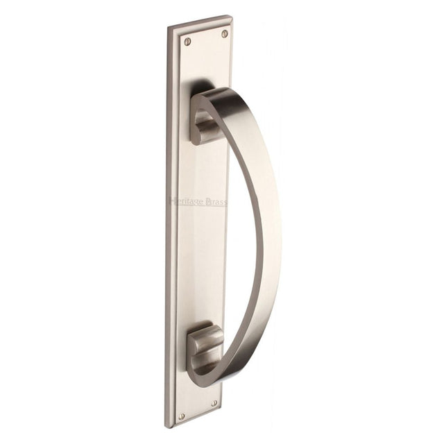 This is an image of a Heritage Brass - Door Pull Handle on Plate Satin Nickel Finish, v1162-sn that is available to order from T.H Wiggans Ironmongery in Kendal.
