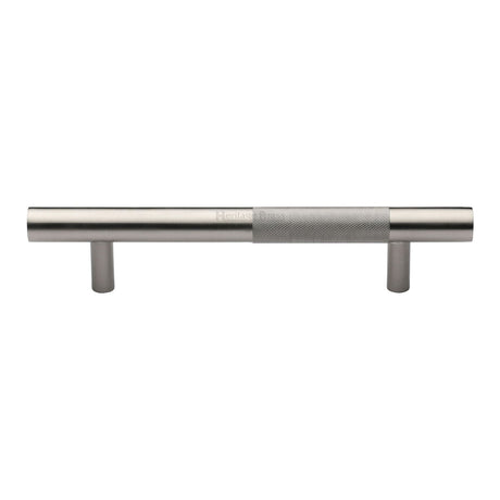 This is an image of a Heritage Brass - Door Pull Handle Bar Knurled Design 305mm Satin Nickel Finish, v1365-305-sn that is available to order from T.H Wiggans Ironmongery in Kendal.