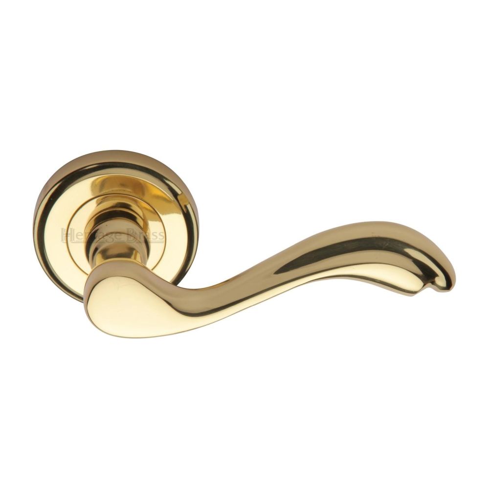 This is an image of a Heritage Brass - Door Handle Lever Latch on Round Rose Lisboa Design Polished Brass, v1601-pb that is available to order from T.H Wiggans Ironmongery in Kendal.