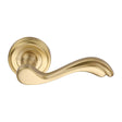 This is an image of a Heritage Brass - Door Handle Lever Latch on Round Rose Lisboa Design Satin Brass, v1601-sb that is available to order from T.H Wiggans Ironmongery in Kendal.
