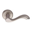 This is an image of a Heritage Brass - Door Handle Lever Latch on Round Rose Lisboa Design Satin Nickel, v1601-sn that is available to order from T.H Wiggans Ironmongery in Kendal.