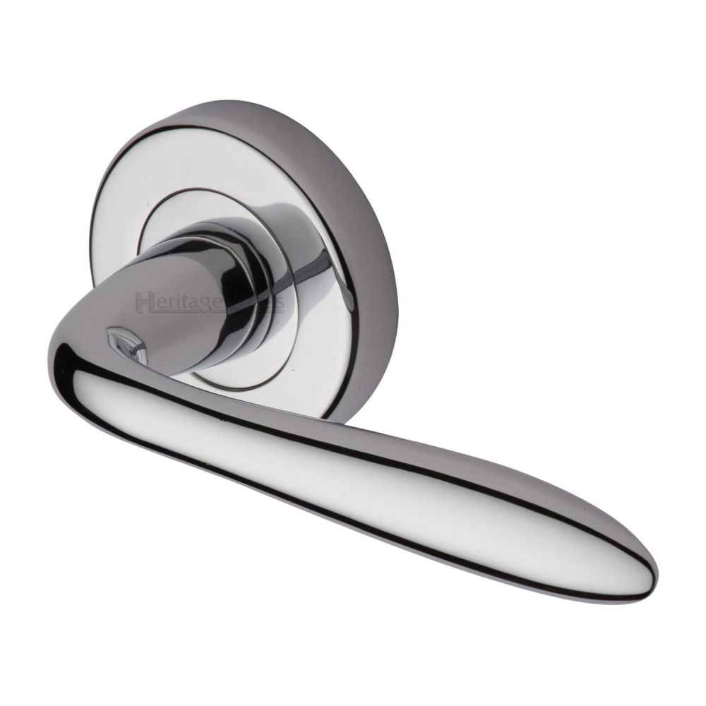 This is an image of a Heritage Brass - Door Handle Lever Latch on Round Rose Sutton Design Polished Chrome, v1750-pc that is available to order from T.H Wiggans Ironmongery in Kendal.