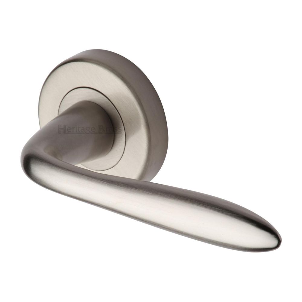 This is an image of a Heritage Brass - Door Handle Lever Latch on Round Rose Sutton Design Satin Nickel, v1750-sn that is available to order from T.H Wiggans Ironmongery in Kendal.
