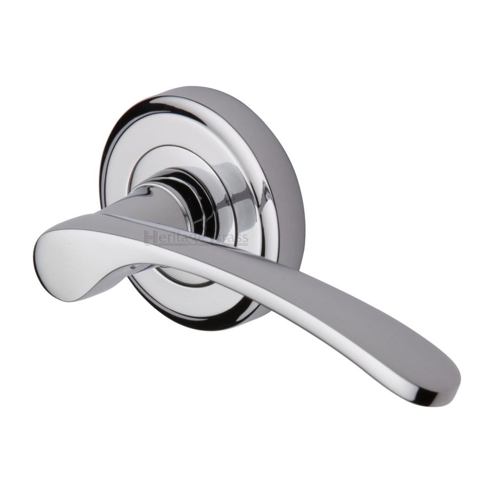 This is an image of a Heritage Brass - Door Handle Lever Latch on Round Rose Sophia Design Polished Chrome, v1900-pc that is available to order from T.H Wiggans Ironmongery in Kendal.