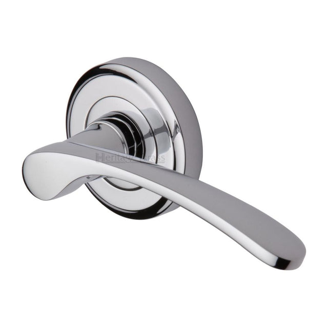 This is an image of a Heritage Brass - Door Handle Lever Latch on Round Rose Sophia Design Polished Chrome, v1900-pc that is available to order from T.H Wiggans Ironmongery in Kendal.