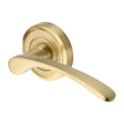 This is an image of a Heritage Brass - Door Handle Lever Latch on Round Rose Sophia Design Satin Brass, v1900-sb that is available to order from T.H Wiggans Ironmongery in Kendal.
