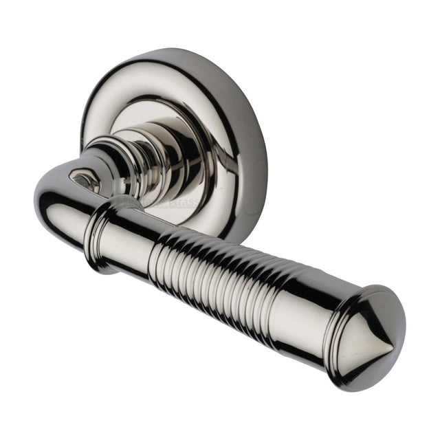 This is an image of a Heritage Brass - Door Handle Lever Latch on Round Rose Colonial Reeded Design Po, v1936-pnf that is available to order from T.H Wiggans Ironmongery in Kendal.