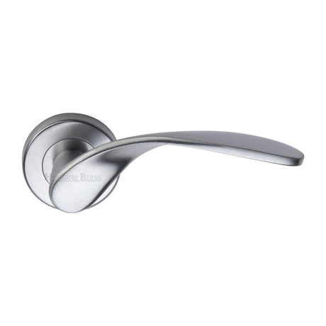 This is an image of a Heritage Brass - Door Handle Lever Latch on Round Rose Volo Design Satin Chrome finish, v1950-sc that is available to order from T.H Wiggans Ironmongery in Kendal.