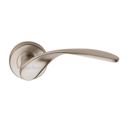 This is an image of a Heritage Brass - Door Handle Lever Latch on Round Rose Volo Design Satin Nickel finish, v1950-sn that is available to order from T.H Wiggans Ironmongery in Kendal.