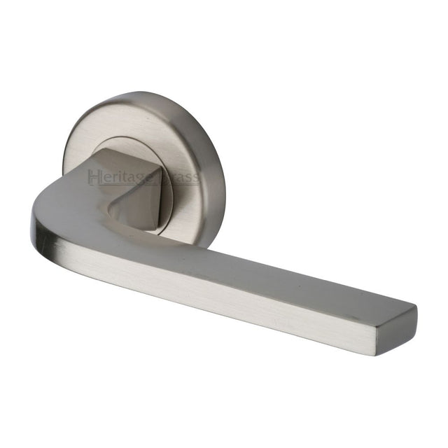 This is an image of a Heritage Brass - Door Handle Lever on Rose Bellagio Design Satin Nickel Finish, v2015-sn that is available to order from T.H Wiggans Ironmongery in Kendal.