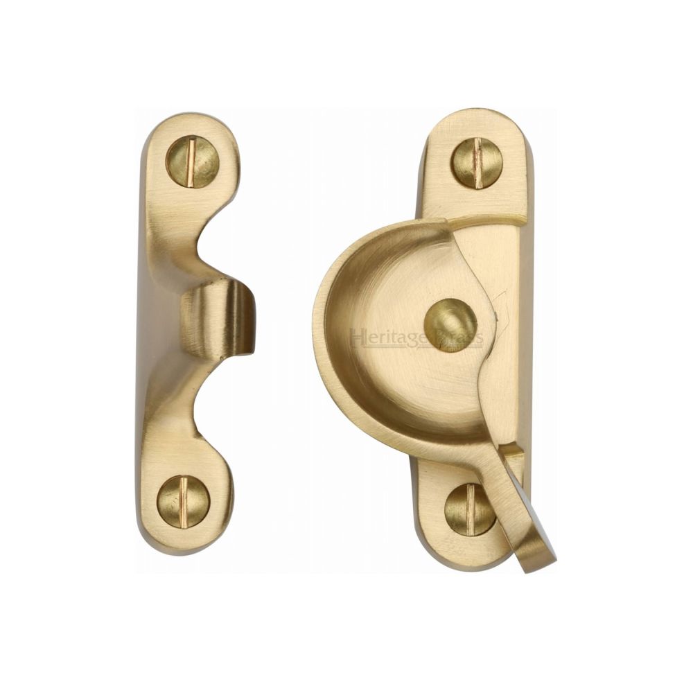 This is an image of a Heritage Brass - Fitch Pattern Sash Fastener Satin Brass Finish, v2060-sb that is available to order from T.H Wiggans Ironmongery in Kendal.