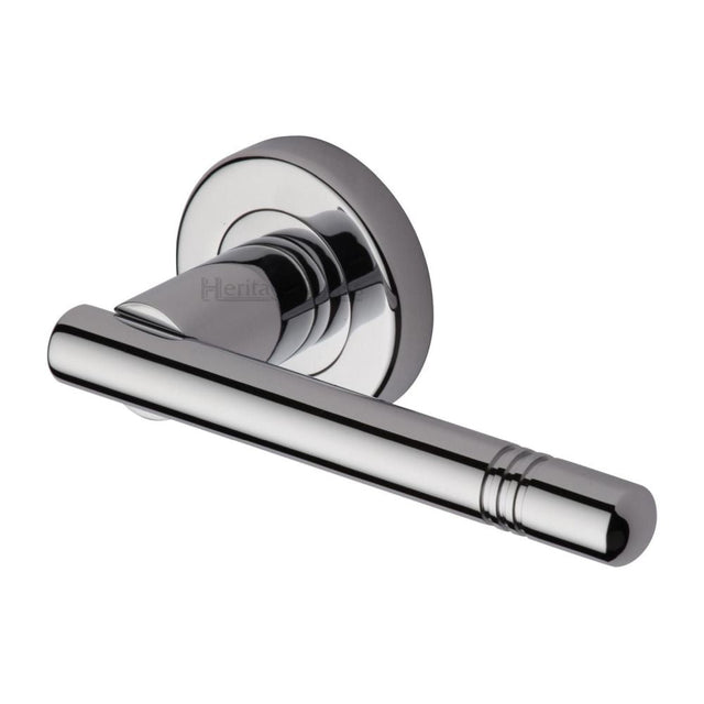 This is an image of a Heritage Brass - Door Handle Lever Latch on Round Rose Alicia Design Polished Chrome, v2100-pc that is available to order from T.H Wiggans Ironmongery in Kendal.