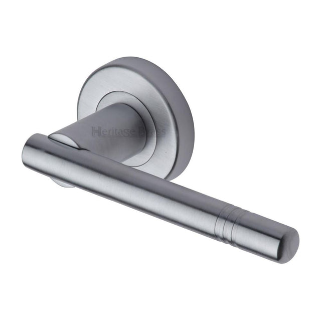 This is an image of a Heritage Brass - Door Handle Lever Latch on Round Rose Alicia Design Satin Chrome, v2100-sc that is available to order from T.H Wiggans Ironmongery in Kendal.