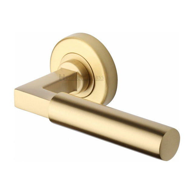 This is an image of a Heritage Brass - Door Handle Lever on Rose Bauhaus Design Satin Brass Finish, v2259-sb that is available to order from T.H Wiggans Ironmongery in Kendal.