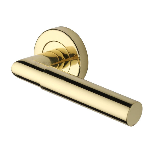 This is an image of a Heritage Brass - Door Handle Lever Latch on Round Rose Bauhaus Mitre Design Polished, v2270-pb that is available to order from T.H Wiggans Ironmongery in Kendal.