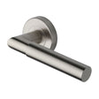 This is an image of a Heritage Brass - Door Handle Lever Latch on Round Rose Bauhaus Mitre Design Satin, v2270-sn that is available to order from T.H Wiggans Ironmongery in Kendal.