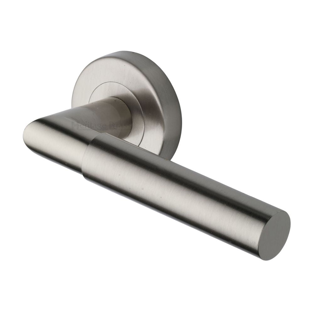 This is an image of a Heritage Brass - Door Handle Lever Latch on Round Rose Bauhaus Mitre Design Satin, v2270-sn that is available to order from T.H Wiggans Ironmongery in Kendal.