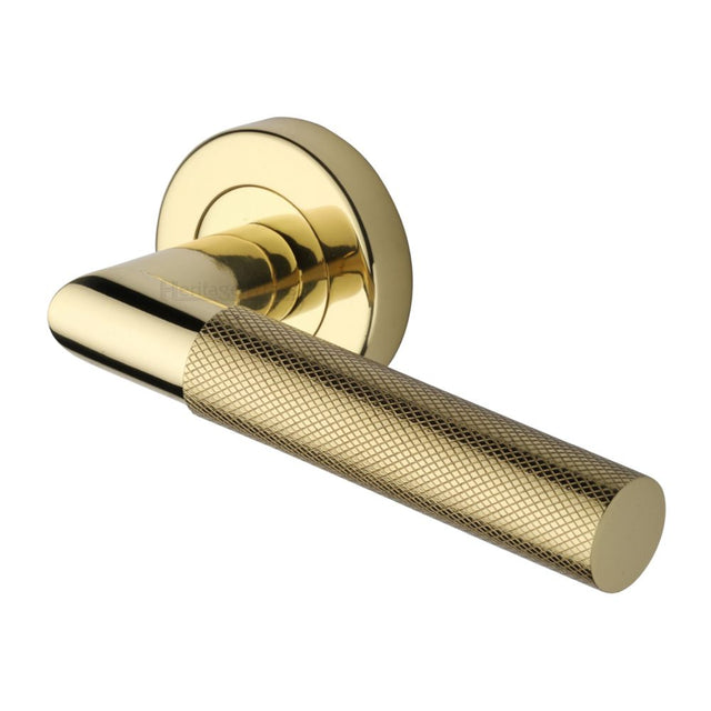 This is an image of a Heritage Brass - Door Handle Lever Latch on Round Rose Bauhaus Mitre Knurled Des, v2272-pb that is available to order from T.H Wiggans Ironmongery in Kendal.