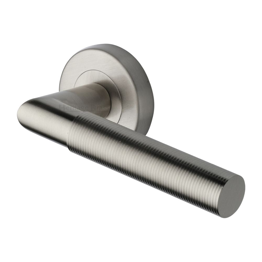 This is an image of a Heritage Brass - Door Handle Lever Latch on Round Rose Bauhaus Mitre Reeded Desi, v2274-sn that is available to order from T.H Wiggans Ironmongery in Kendal.