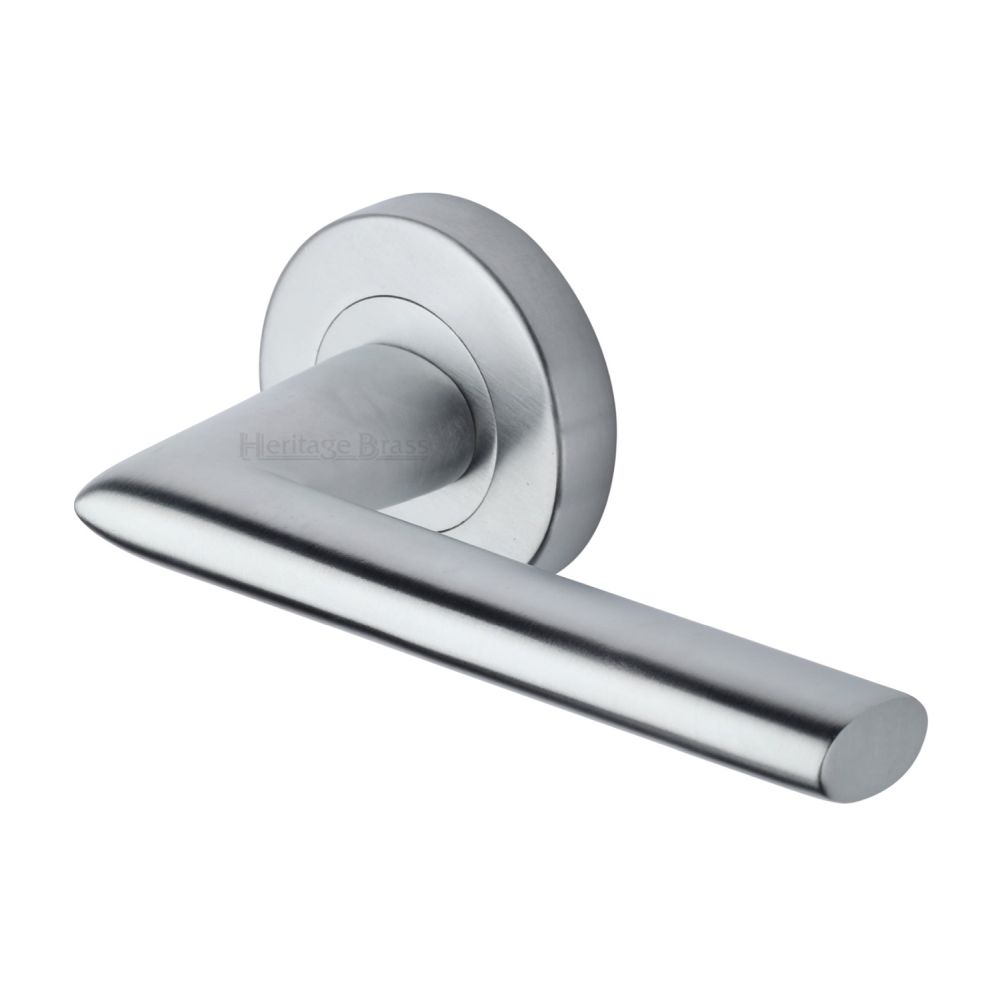 This is an image of a Heritage Brass - Door Handle Lever Latch on Round Rose Admiralty Design Satin Chr, v2355-sc that is available to order from T.H Wiggans Ironmongery in Kendal.