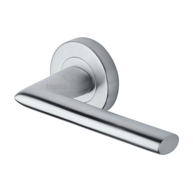 This is an image of a Heritage Brass - Door Handle Lever Latch on Round Rose Admiralty Design Satin Chr, v2355-sc that is available to order from T.H Wiggans Ironmongery in Kendal.