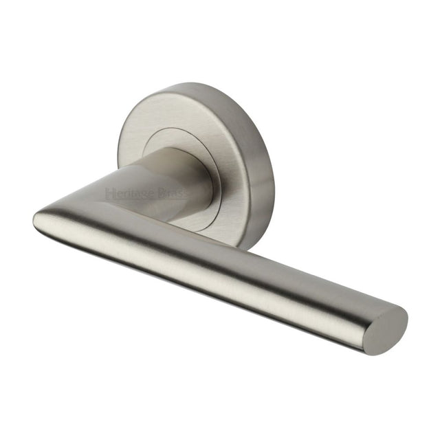 This is an image of a Heritage Brass - Door Handle Lever Latch on Round Rose Admiralty Design Satin Nic, v2355-sn that is available to order from T.H Wiggans Ironmongery in Kendal.