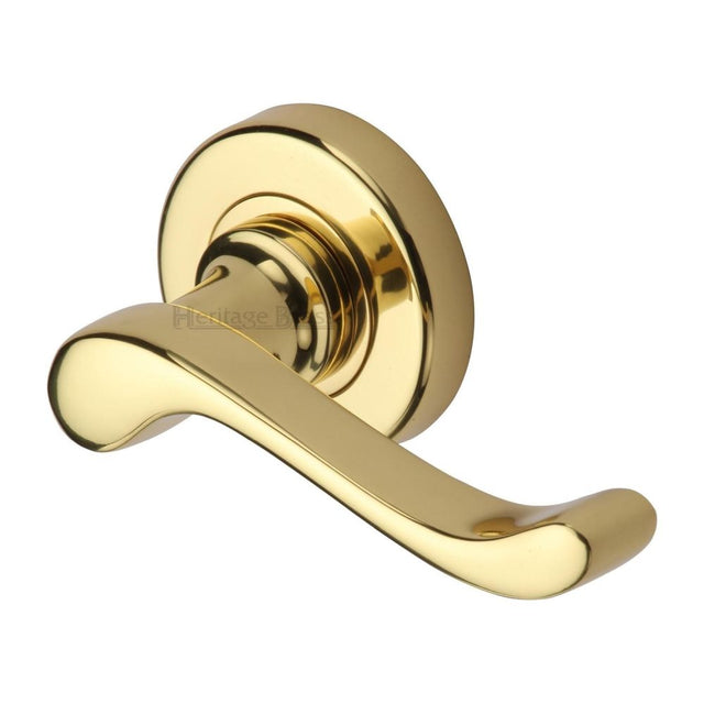 This is an image of a Heritage Brass - Door Handle Lever Latch on 53mm Round Rose Bedford Design Polished, v3010-pb that is available to order from T.H Wiggans Ironmongery in Kendal.