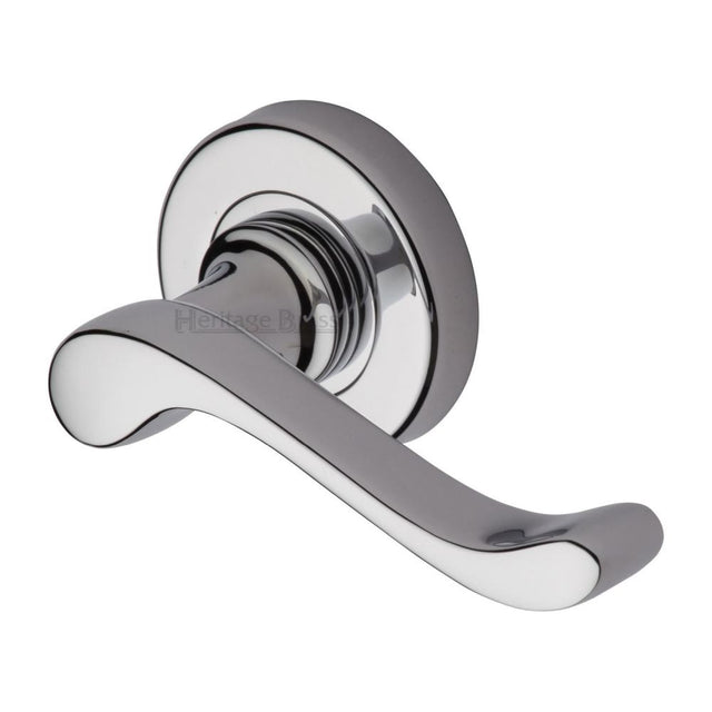 This is an image of a Heritage Brass - Door Handle Lever Latch on 53mm Round Rose Bedford Design Polished, v3010-pc that is available to order from T.H Wiggans Ironmongery in Kendal.