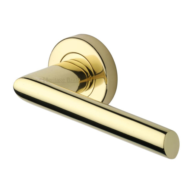 This is an image of a Heritage Brass - Door Handle Lever Latch on Round Rose Mercury Design Polished Brass, v3262-pb that is available to order from T.H Wiggans Ironmongery in Kendal.