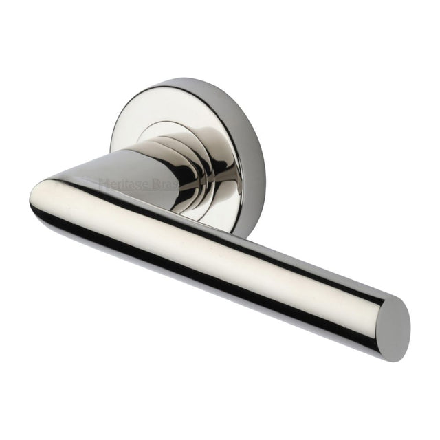 This is an image of a Heritage Brass - Door Handle Lever Latch on Round Rose Mercury Design Polished Nicke, v3262-pnf that is available to order from T.H Wiggans Ironmongery in Kendal.