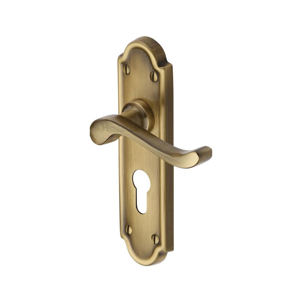 This is an image of a Heritage Brass - Door Handle for Euro Profile Plate Meridian Design Antique Brass F, v327-48-at that is available to order from T.H Wiggans Ironmongery in Kendal.