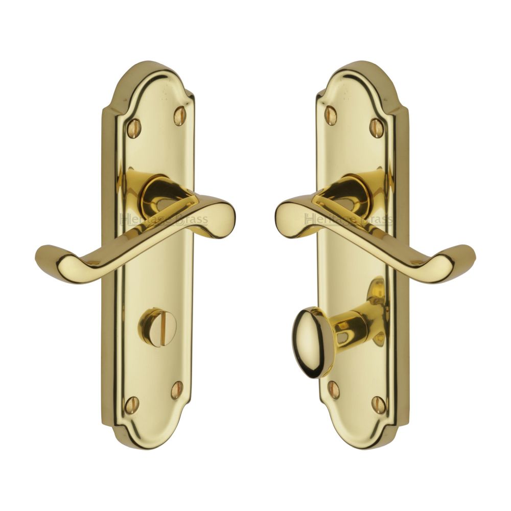 This is an image of a Heritage Brass - Door Handle for Bathroom Meridian Design Polished Brass Finish, v330-pb that is available to order from T.H Wiggans Ironmongery in Kendal.