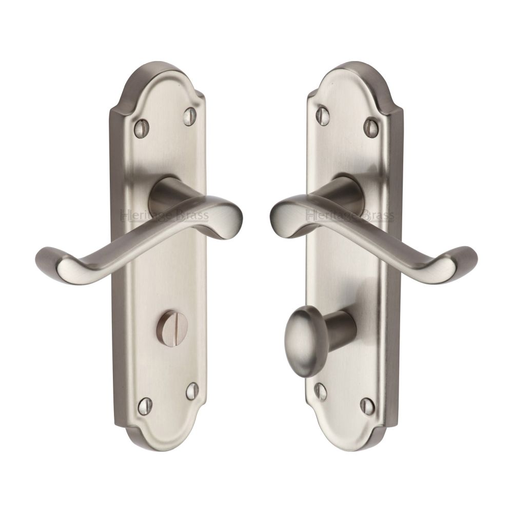 This is an image of a Heritage Brass - Door Handle for Bathroom Meridian Design Satin Nickel Finish, v330-sn that is available to order from T.H Wiggans Ironmongery in Kendal.
