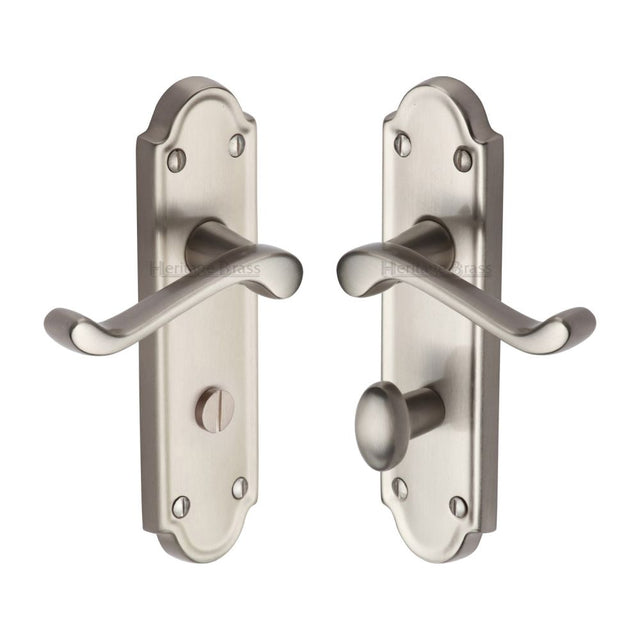 This is an image of a Heritage Brass - Door Handle for Bathroom Meridian Design Satin Nickel Finish, v330-sn that is available to order from T.H Wiggans Ironmongery in Kendal.