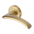 This is an image of a Heritage Brass - Door Handle Lever Latch on Round Rose Centaur Design Satin Brass, v3490-sb that is available to order from T.H Wiggans Ironmongery in Kendal.