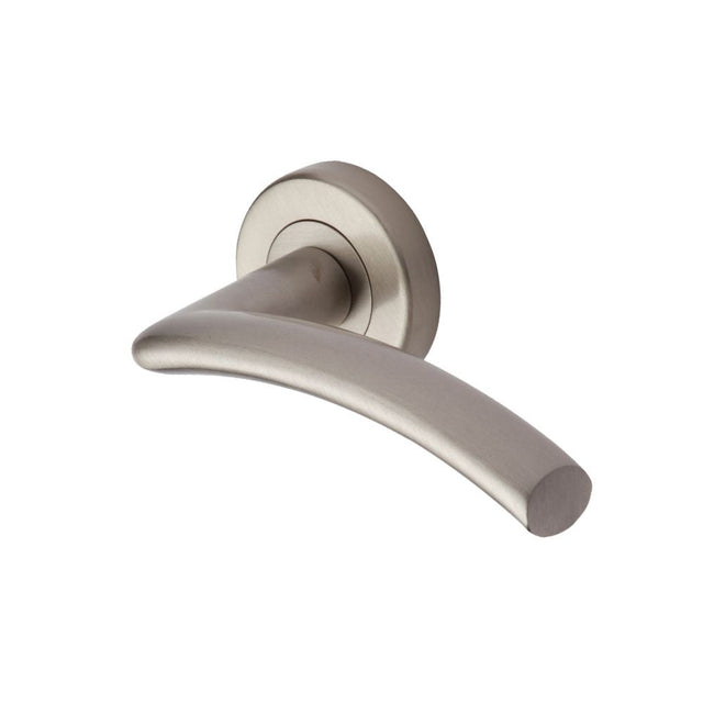 This is an image of a Heritage Brass - Door Handle Lever Latch on Round Rose Centaur Design Satin Nicke, v3490-sn that is available to order from T.H Wiggans Ironmongery in Kendal.
