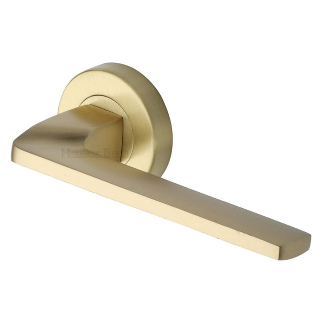 This is an image of a Heritage Brass - Door Handle Lever Latch on Round Rose Metro Angled Design Satin, v3790-sb that is available to order from T.H Wiggans Ironmongery in Kendal.