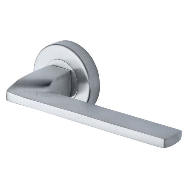 This is an image of a Heritage Brass - Door Handle Lever Latch on Round Rose Metro Angled Design Satin, v3790-sc that is available to order from T.H Wiggans Ironmongery in Kendal.