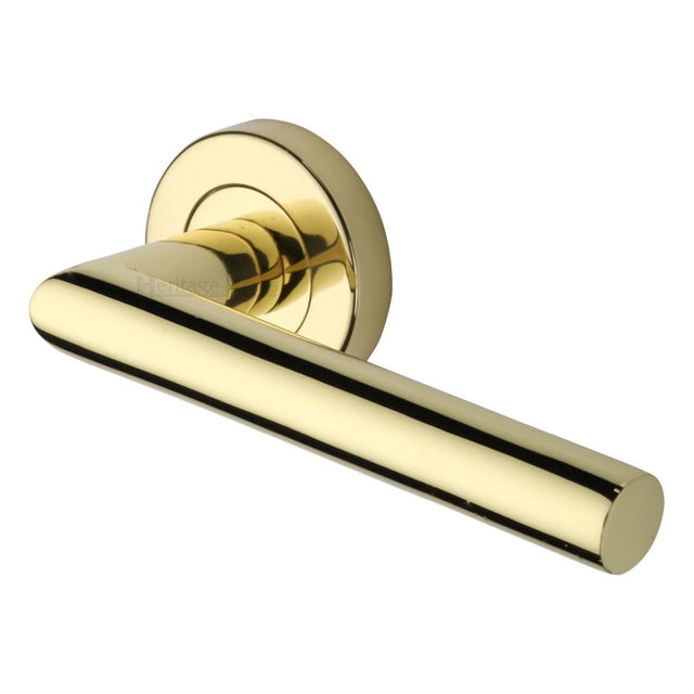 This is an image of a Heritage Brass - Door Handle Lever Latch on Round Rose Athena Design Polished Brass, v3840-pb that is available to order from T.H Wiggans Ironmongery in Kendal.