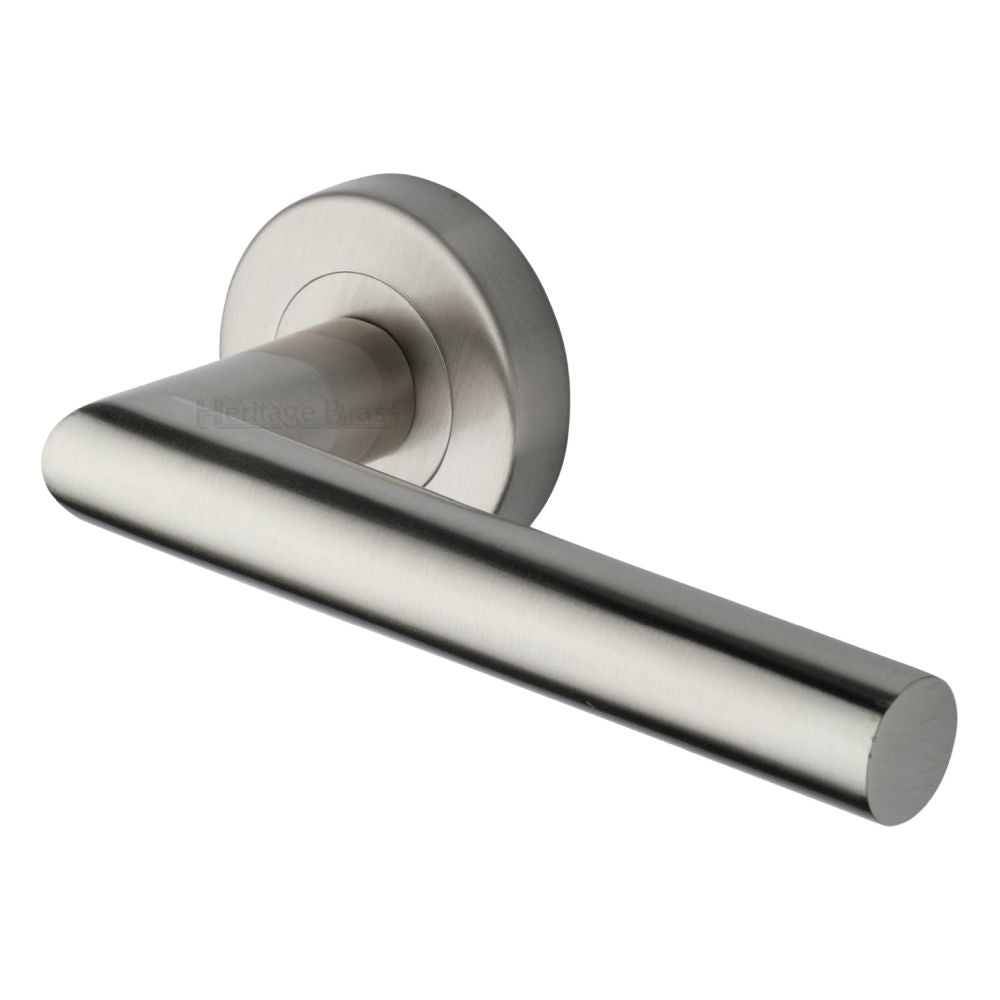 This is an image of a Heritage Brass - Door Handle Lever Latch on Round Rose Athena Design Satin Nickel, v3840-sn that is available to order from T.H Wiggans Ironmongery in Kendal.