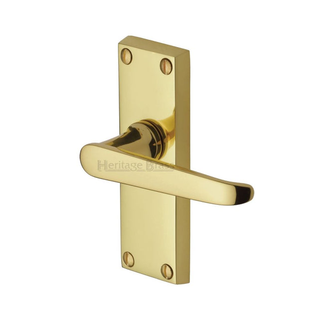 This is an image of a Heritage Brass - Door Handle Lever Latch Victoria Short Design Polished Brass Finish, v3910-pb that is available to order from T.H Wiggans Ironmongery in Kendal.