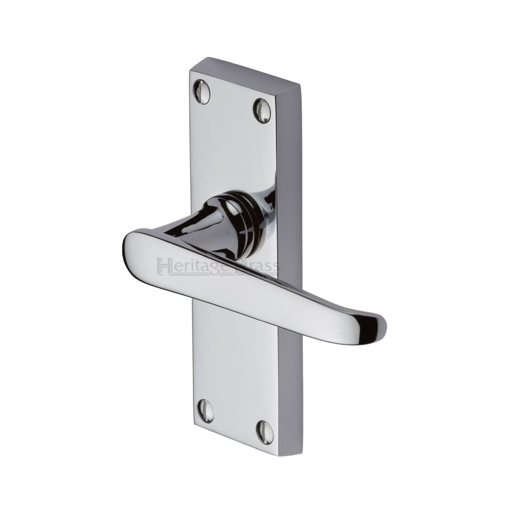 This is an image of a Heritage Brass - Door Handle Lever Latch Victoria Short Design Polished Chrome Finis, v3910-pc that is available to order from T.H Wiggans Ironmongery in Kendal.