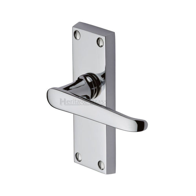 This is an image of a Heritage Brass - Door Handle Lever Latch Victoria Short Design Polished Chrome Finis, v3910-pc that is available to order from T.H Wiggans Ironmongery in Kendal.