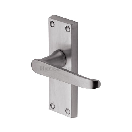 This is an image of a Heritage Brass - Door Handle Lever Latch Victoria Short Design Satin Chrome Finis, v3910-sc that is available to order from T.H Wiggans Ironmongery in Kendal.