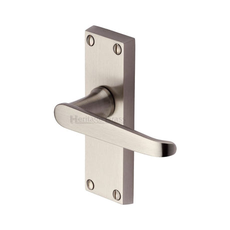 This is an image of a Heritage Brass - Door Handle Lever Latch Victoria Short Design Satin Nickel Finis, v3910-sn that is available to order from T.H Wiggans Ironmongery in Kendal.