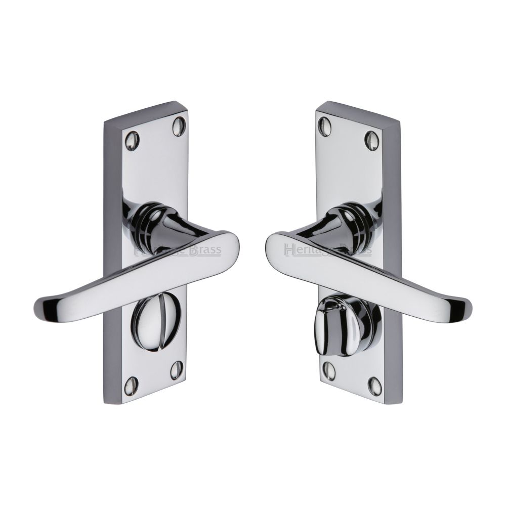This is an image of a Heritage Brass - Door Handle for Privacy Set Victoria Short Design Polished Chrome F, v3935-pc that is available to order from T.H Wiggans Ironmongery in Kendal.