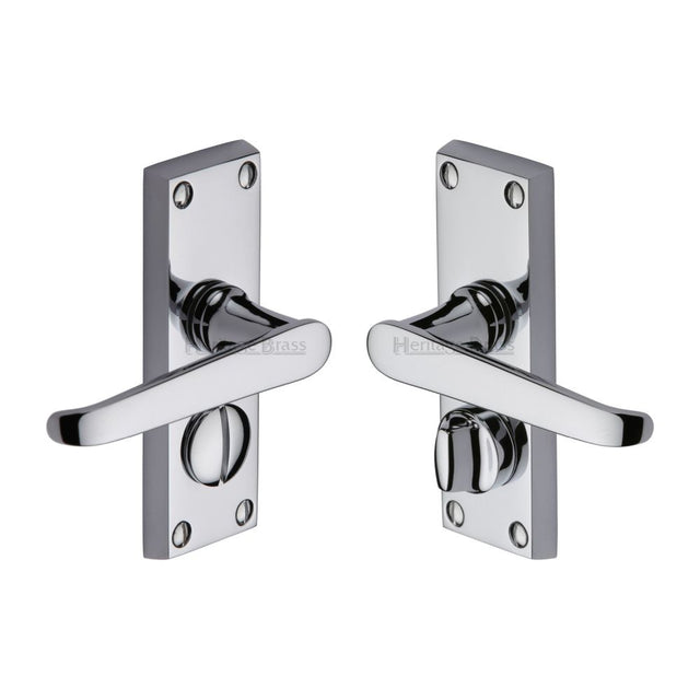 This is an image of a Heritage Brass - Door Handle for Privacy Set Victoria Short Design Polished Chrome F, v3935-pc that is available to order from T.H Wiggans Ironmongery in Kendal.