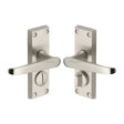This is an image of a Heritage Brass - Door Handle for Privacy Set Victoria Short Design Satin Nickel F, v3935-sn that is available to order from T.H Wiggans Ironmongery in Kendal.