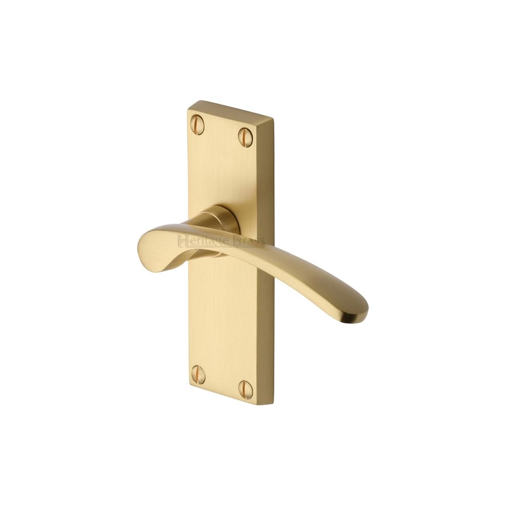 This is an image of a Heritage Brass - Door Handle Lever Latch Sophia Short Design Satin Brass Finish, v4140-sb that is available to order from T.H Wiggans Ironmongery in Kendal.